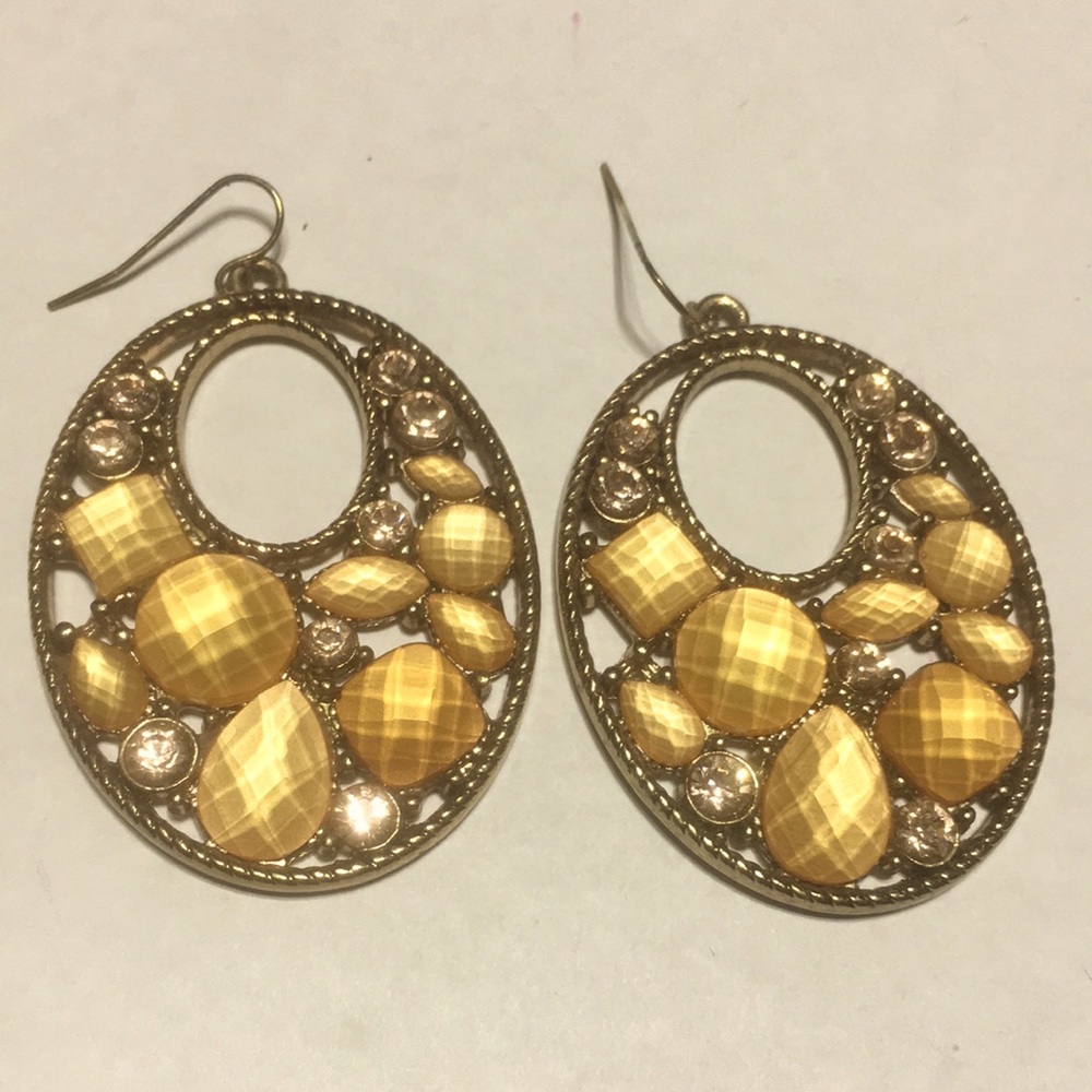 Teardrop goldtone faceted oval faux gem retro mod pierced wire boho earrings WOW